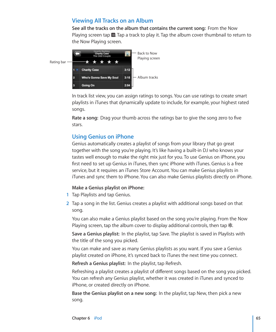 Viewing all tracks on an album, Using genius on iphone | Apple iPhone/iPhone 3G (User manual) User Manual | Page 65 / 154