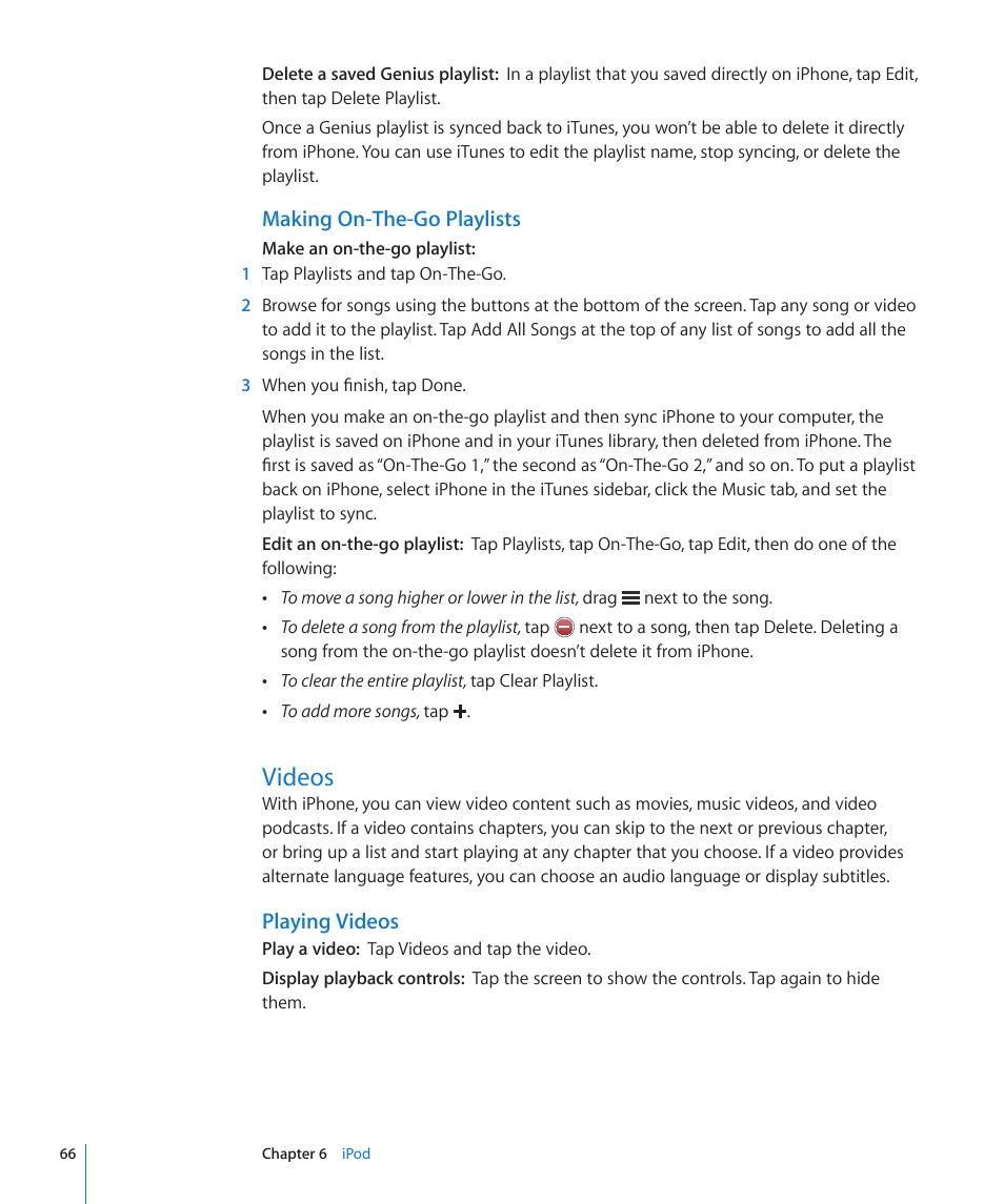 Videos, Making on-the-go playlists, Playing videos | Apple iPhone/iPhone 3G (User manual) User Manual | Page 66 / 154