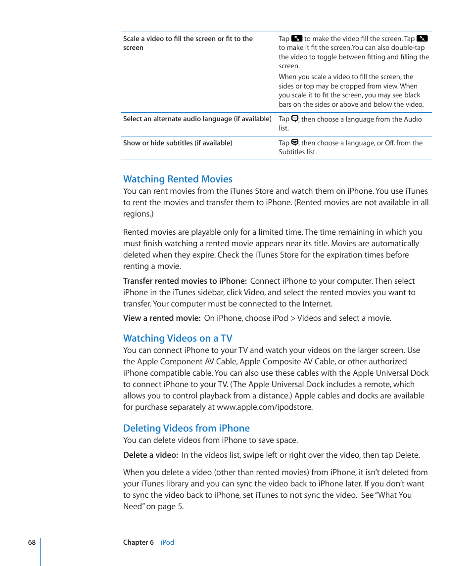 Watching rented movies, Watching videos on a tv, Deleting videos from iphone | Apple iPhone/iPhone 3G (User manual) User Manual | Page 68 / 154