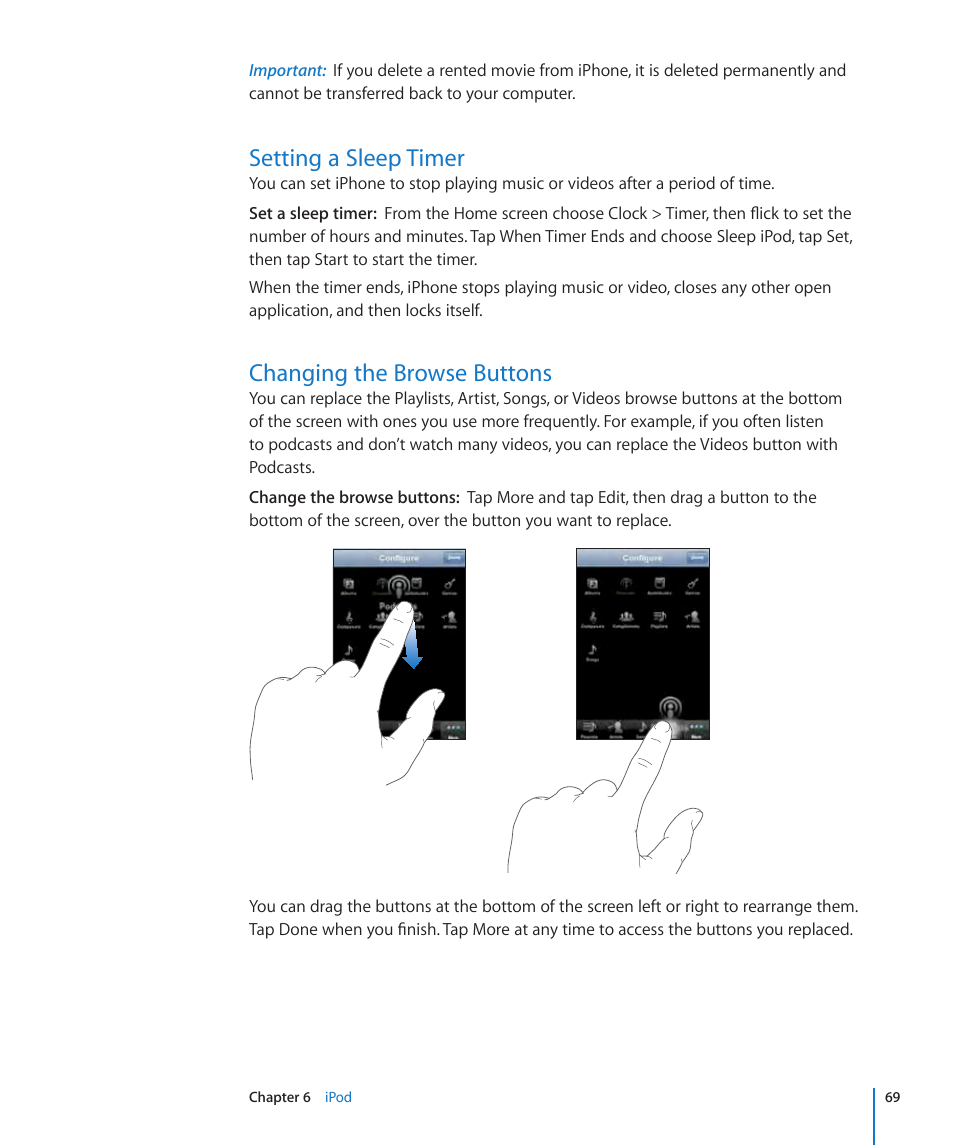 Setting a sleep timer, Changing the browse buttons | Apple iPhone/iPhone 3G (User manual) User Manual | Page 69 / 154