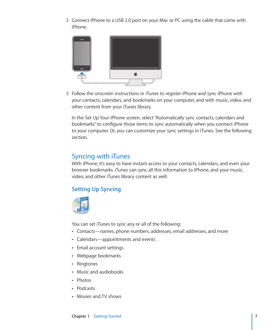 Syncing with itunes, Setting up syncing | Apple iPhone/iPhone 3G (User manual) User Manual | Page 7 / 154