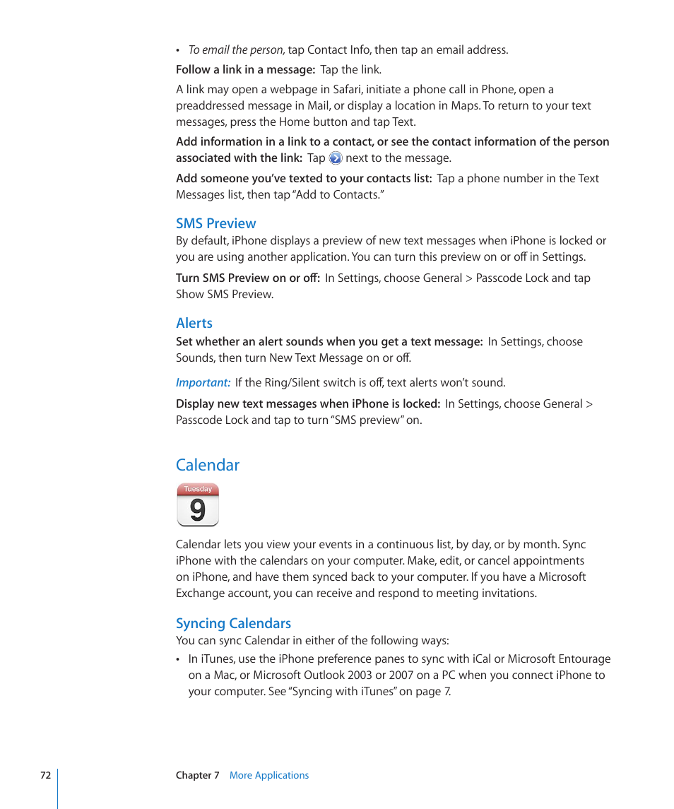 Calendar, Sms preview, Alerts | Syncing calendars | Apple iPhone/iPhone 3G (User manual) User Manual | Page 72 / 154
