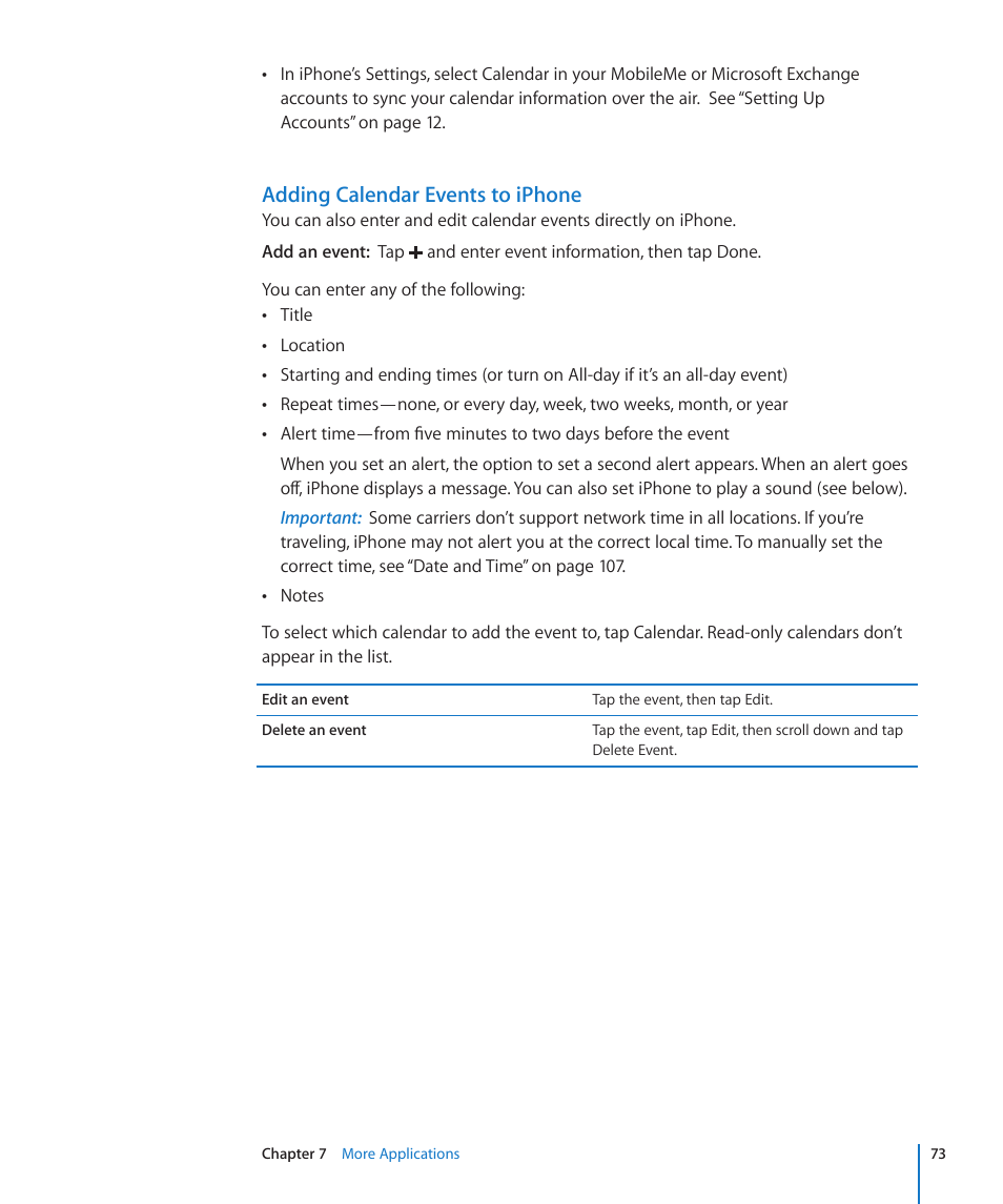 Adding calendar events to iphone | Apple iPhone/iPhone 3G (User manual) User Manual | Page 73 / 154