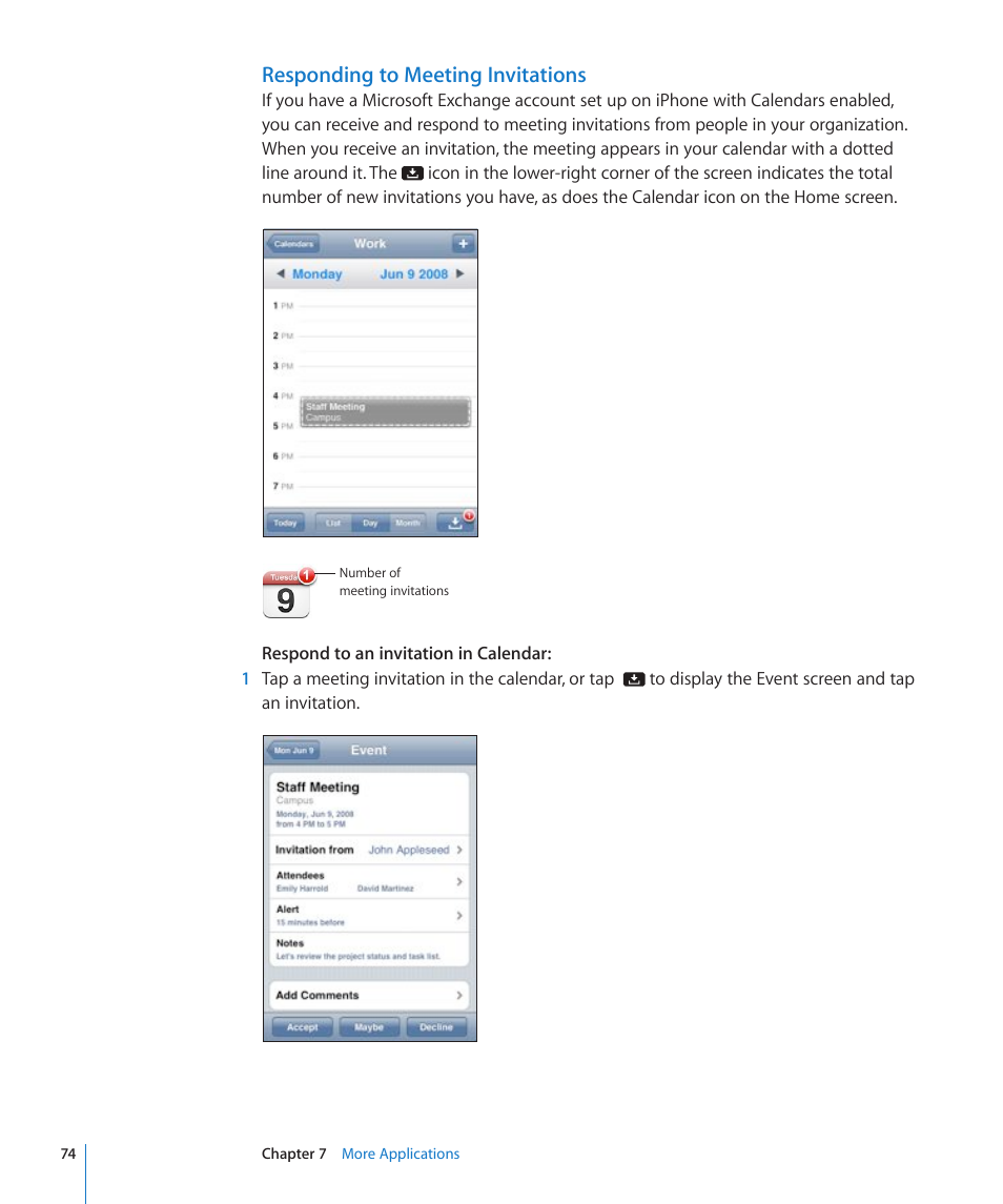 Responding to meeting invitations | Apple iPhone/iPhone 3G (User manual) User Manual | Page 74 / 154