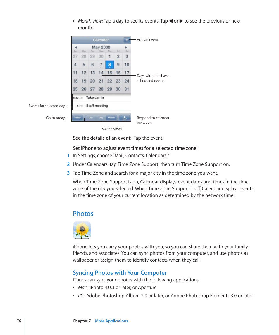 Photos, Syncing photos with your computer | Apple iPhone/iPhone 3G (User manual) User Manual | Page 76 / 154