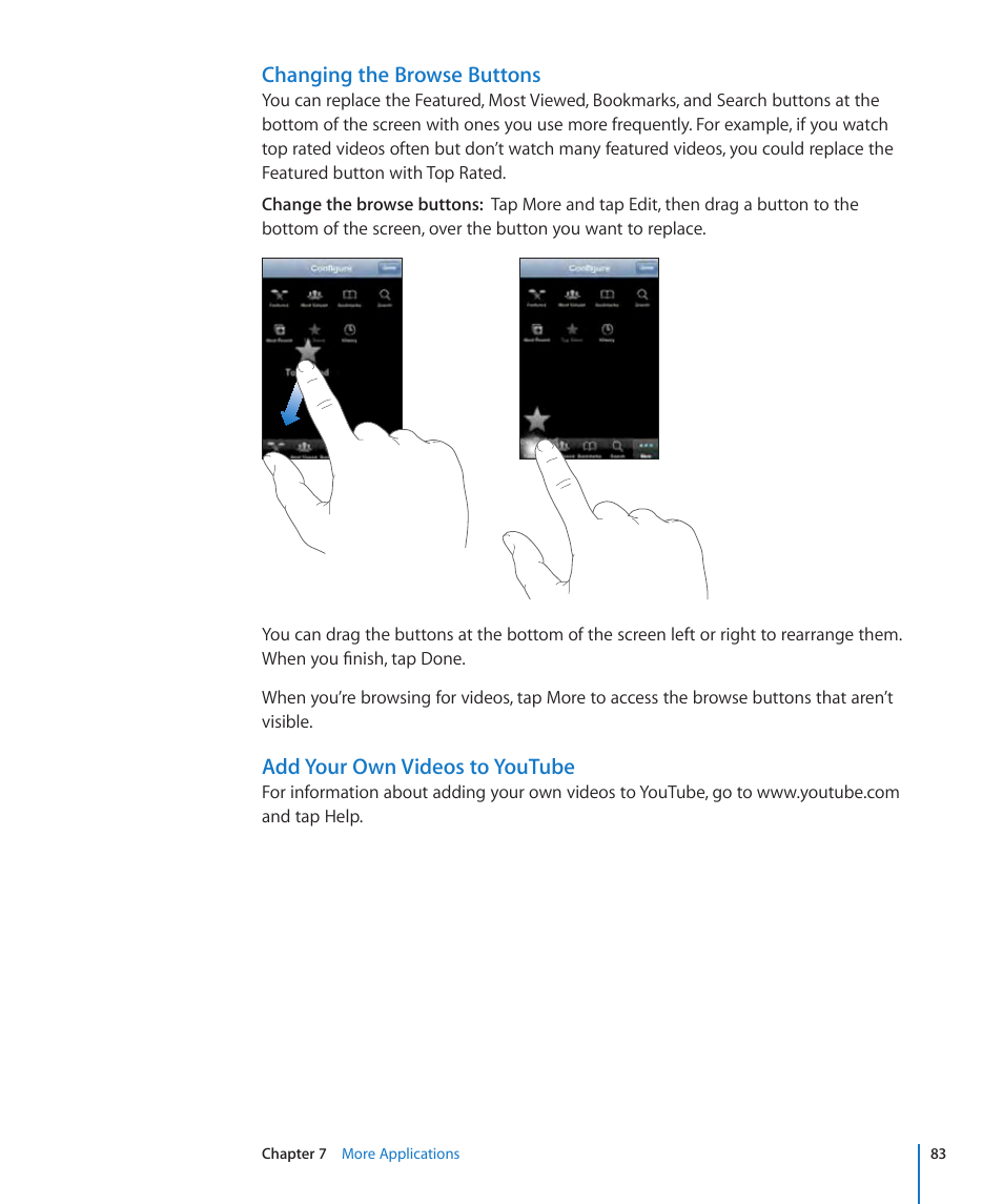 Changing the browse buttons, Add your own videos to youtube | Apple iPhone/iPhone 3G (User manual) User Manual | Page 83 / 154