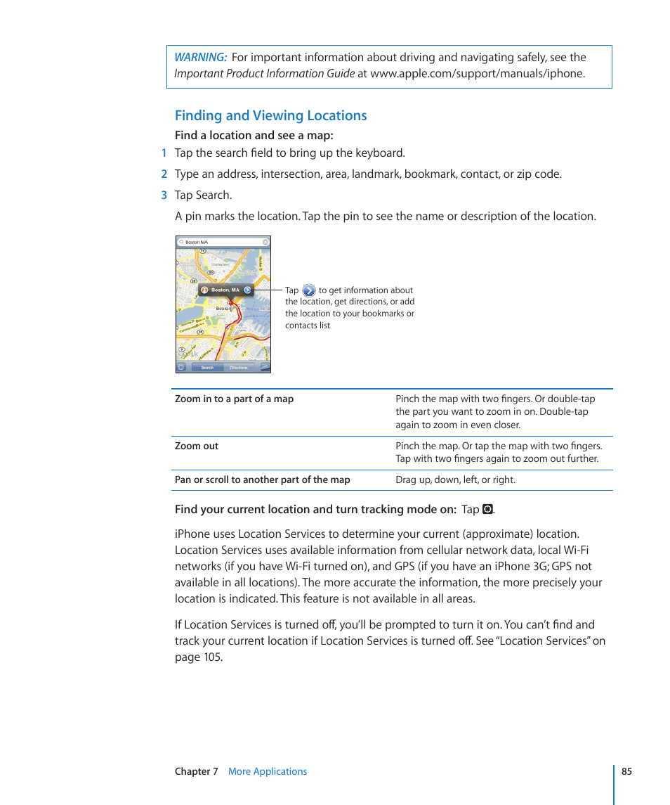 Finding and viewing locations | Apple iPhone/iPhone 3G (User manual) User Manual | Page 85 / 154