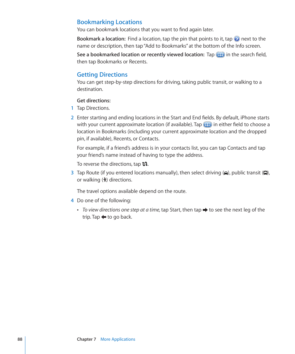 Bookmarking locations, Getting directions | Apple iPhone/iPhone 3G (User manual) User Manual | Page 88 / 154