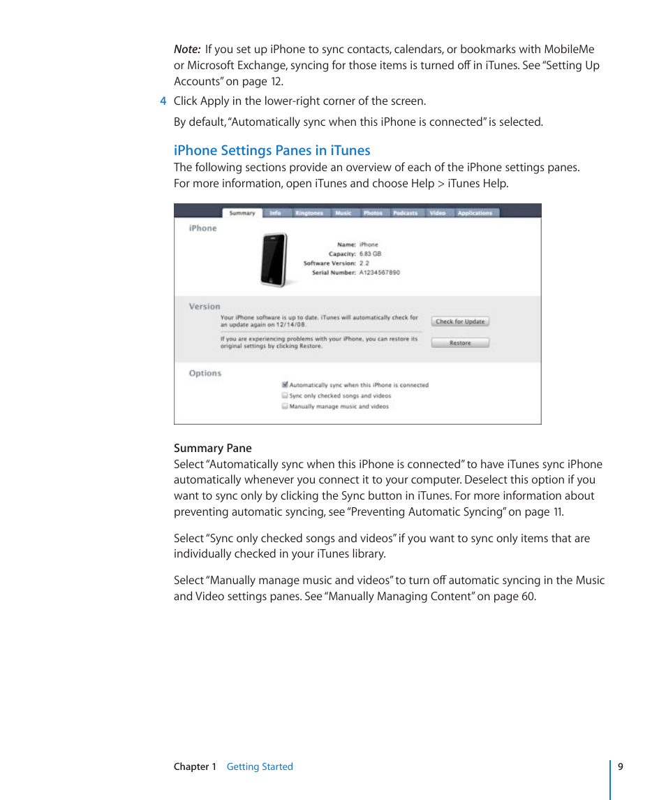 Iphone settings panes in itunes | Apple iPhone/iPhone 3G (User manual) User Manual | Page 9 / 154