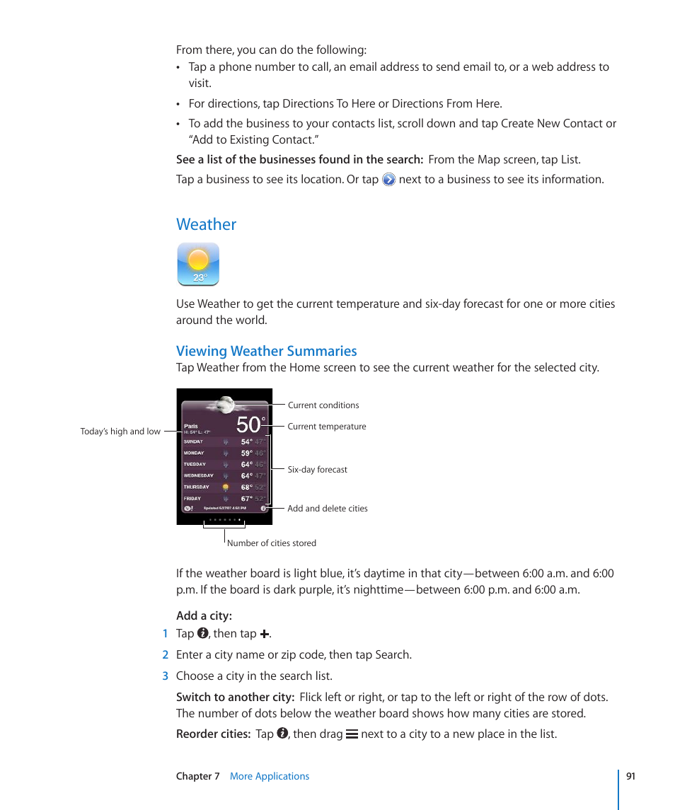 Weather, Viewing weather summaries | Apple iPhone/iPhone 3G (User manual) User Manual | Page 91 / 154