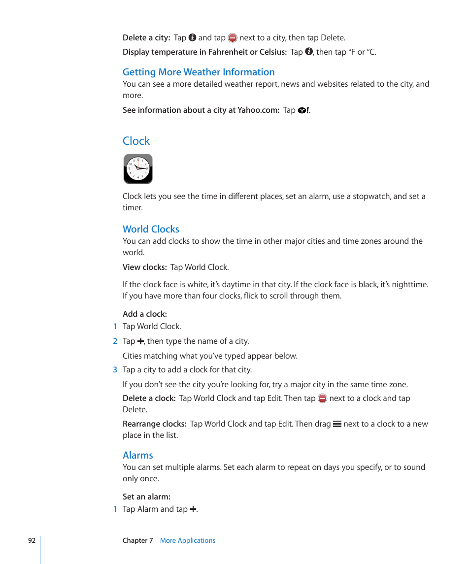 Clock, Getting more weather information, World clocks | Alarms | Apple iPhone/iPhone 3G (User manual) User Manual | Page 92 / 154