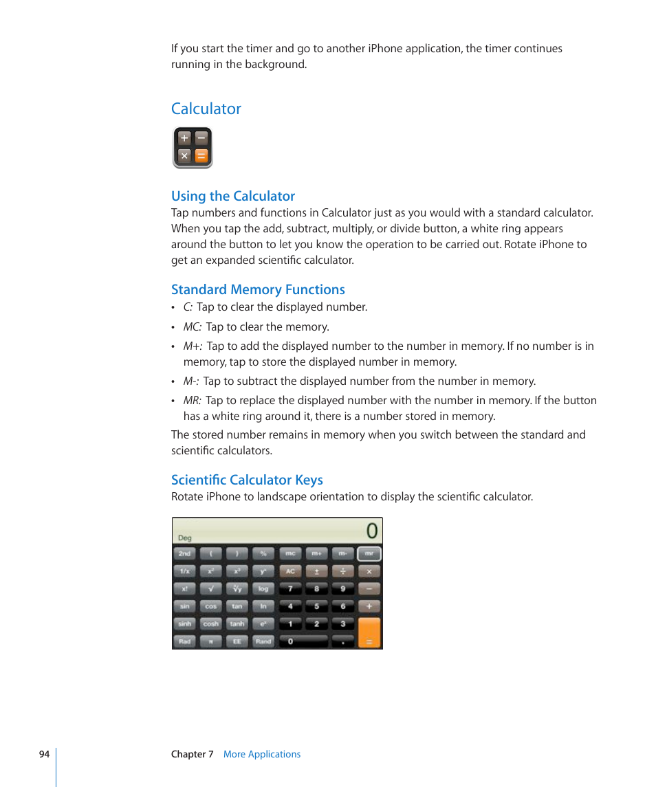 Calculator, Using the calculator, Scientific calculator keys | Apple iPhone/iPhone 3G (User manual) User Manual | Page 94 / 154