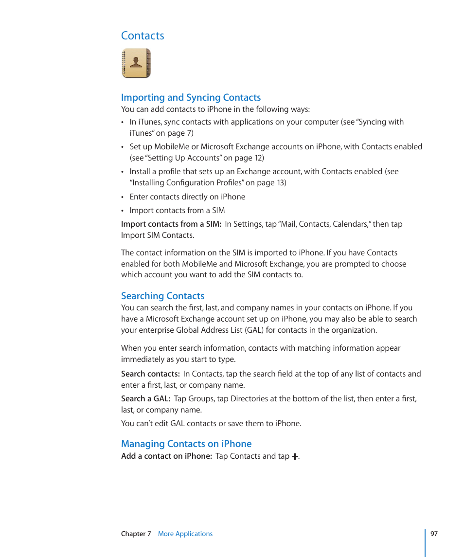 Contacts, Importing and syncing contacts, Searching contacts | Managing contacts on iphone | Apple iPhone/iPhone 3G (User manual) User Manual | Page 97 / 154