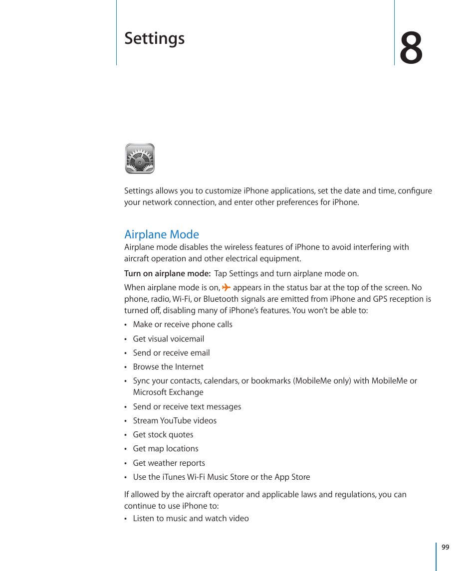 Chapter 8: settings, Airplane mode, Settings | Apple iPhone/iPhone 3G (User manual) User Manual | Page 99 / 154
