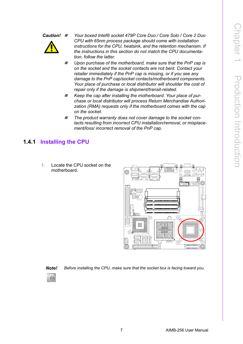 1 installing the cpu, Installing the cpu, Chapter 1 p roduction introduction | Advantech AIMB-256 User Manual | Page 13 / 86