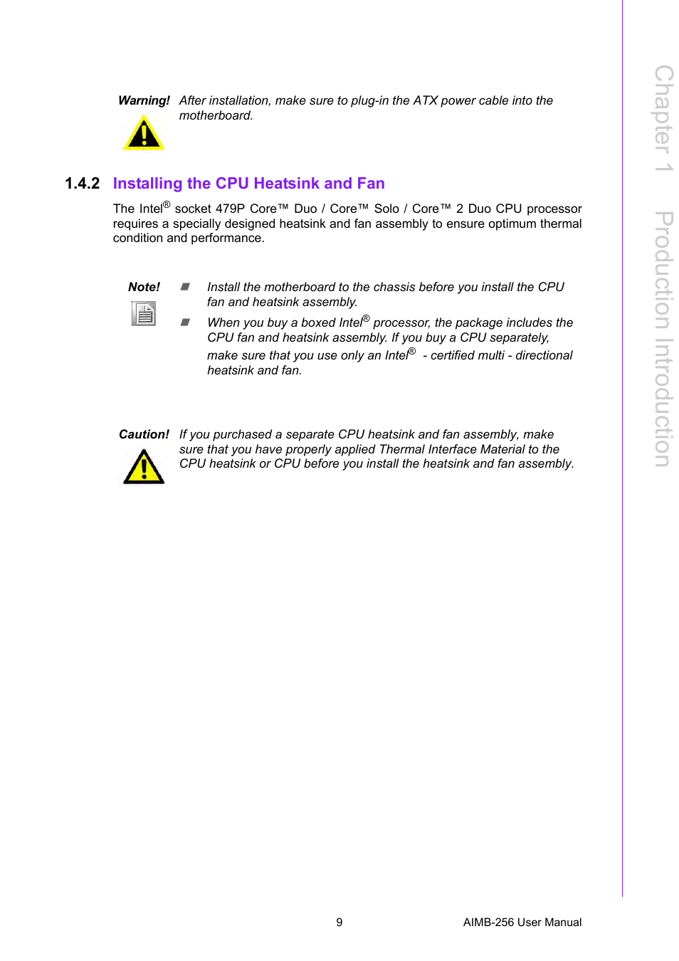 2 installing the cpu heatsink and fan, Installing the cpu heatsink and fan, Chapter 1 p roduction introduction | Advantech AIMB-256 User Manual | Page 15 / 86