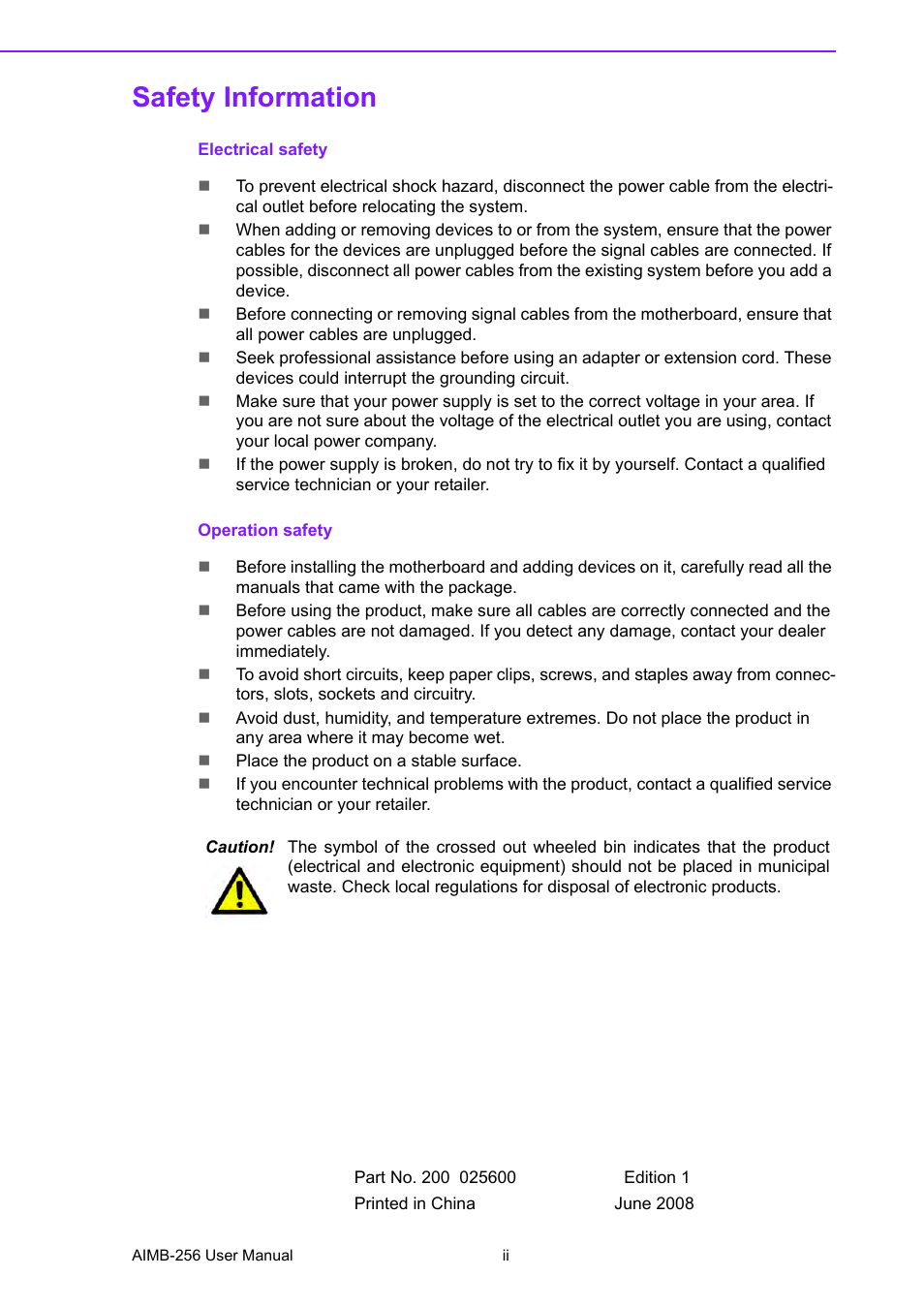 Safety information | Advantech AIMB-256 User Manual | Page 2 / 86