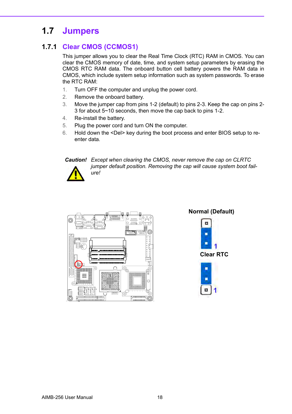 7 jumpers, 1 clear cmos (ccmos1), Jumpers 1.7.1 | Clear cmos (ccmos1) | Advantech AIMB-256 User Manual | Page 24 / 86