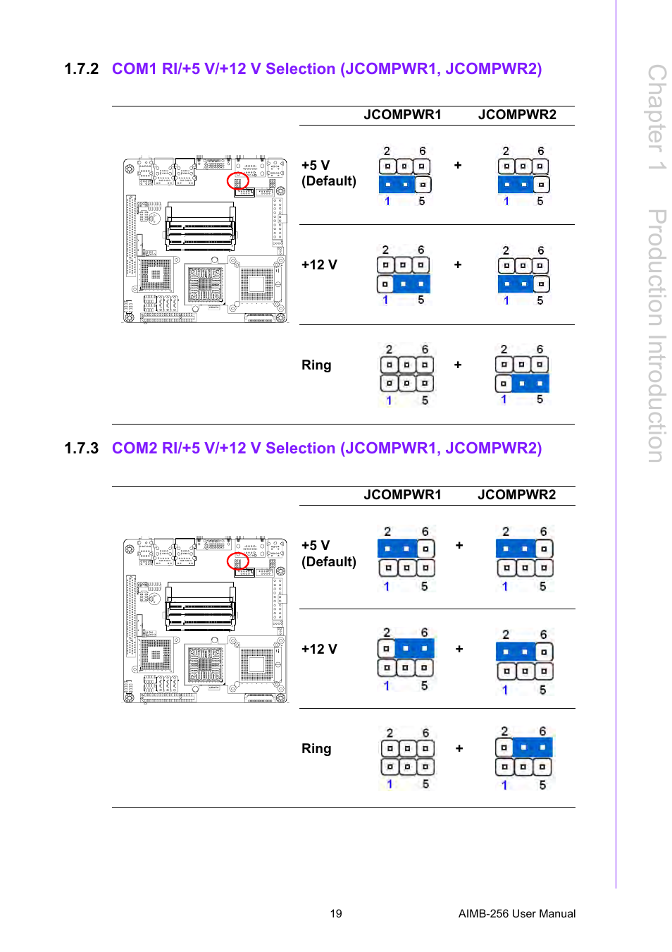 Com1 ri/+5 v/+12 v selection (jcompwr1, jcompwr2), Com2 ri/+5 v/+12 v selection (jcompwr1, jcompwr2), Chapter 1 p roduction introduction | Advantech AIMB-256 User Manual | Page 25 / 86