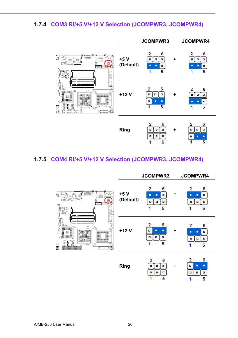 Com3 ri/+5 v/+12 v selection (jcompwr3, jcompwr4), Com4 ri/+5 v/+12 v selection (jcompwr3, jcompwr4) | Advantech AIMB-256 User Manual | Page 26 / 86