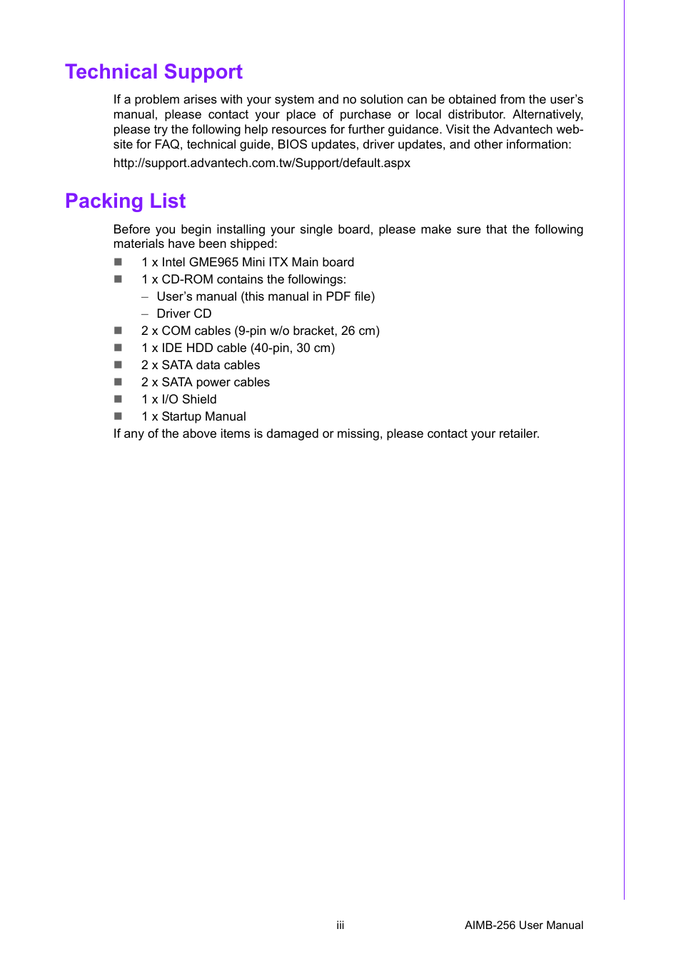 Technical support, Packing list | Advantech AIMB-256 User Manual | Page 3 / 86