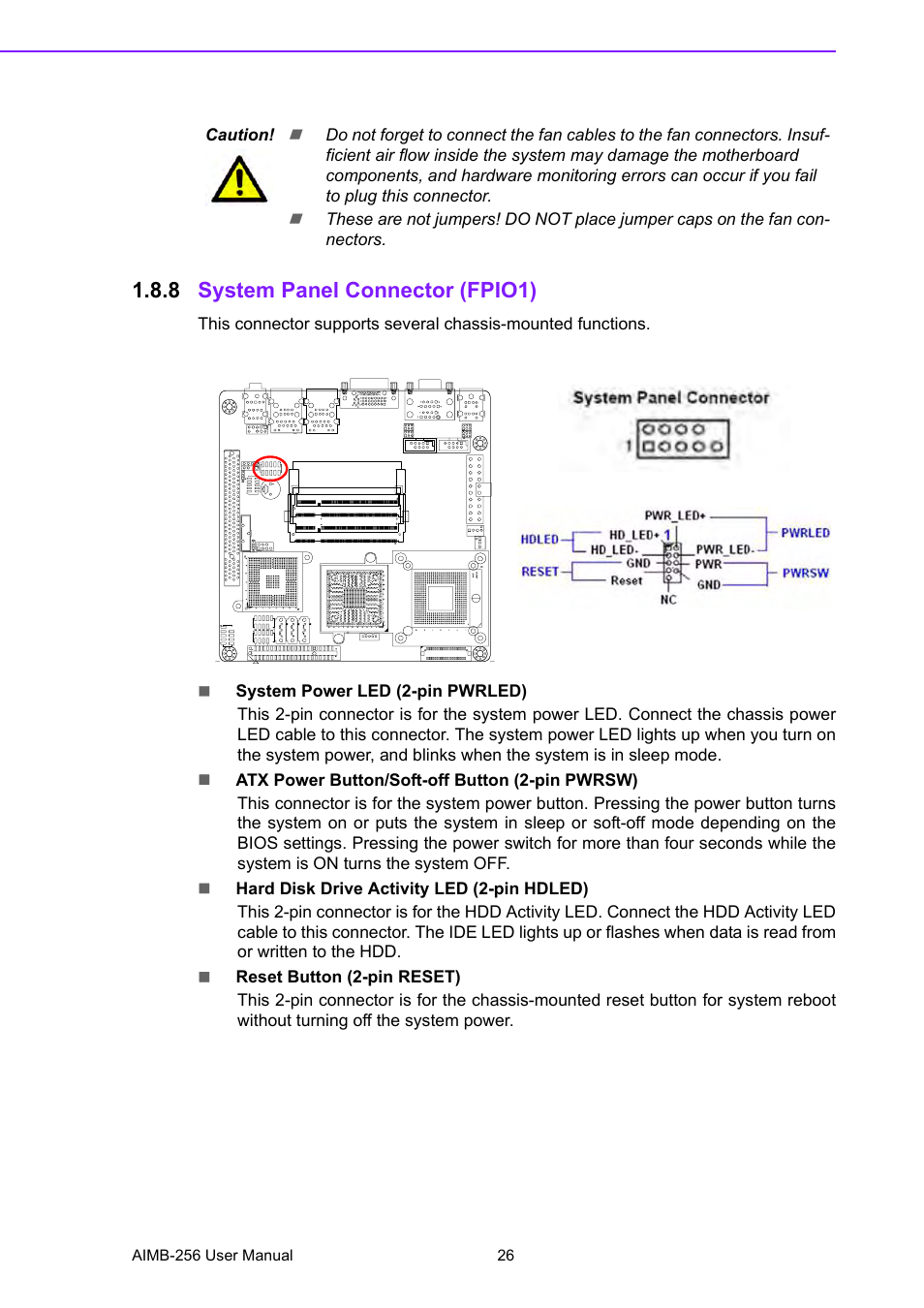 8 system panel connector (fpio1), System panel connector (fpio1) | Advantech AIMB-256 User Manual | Page 32 / 86