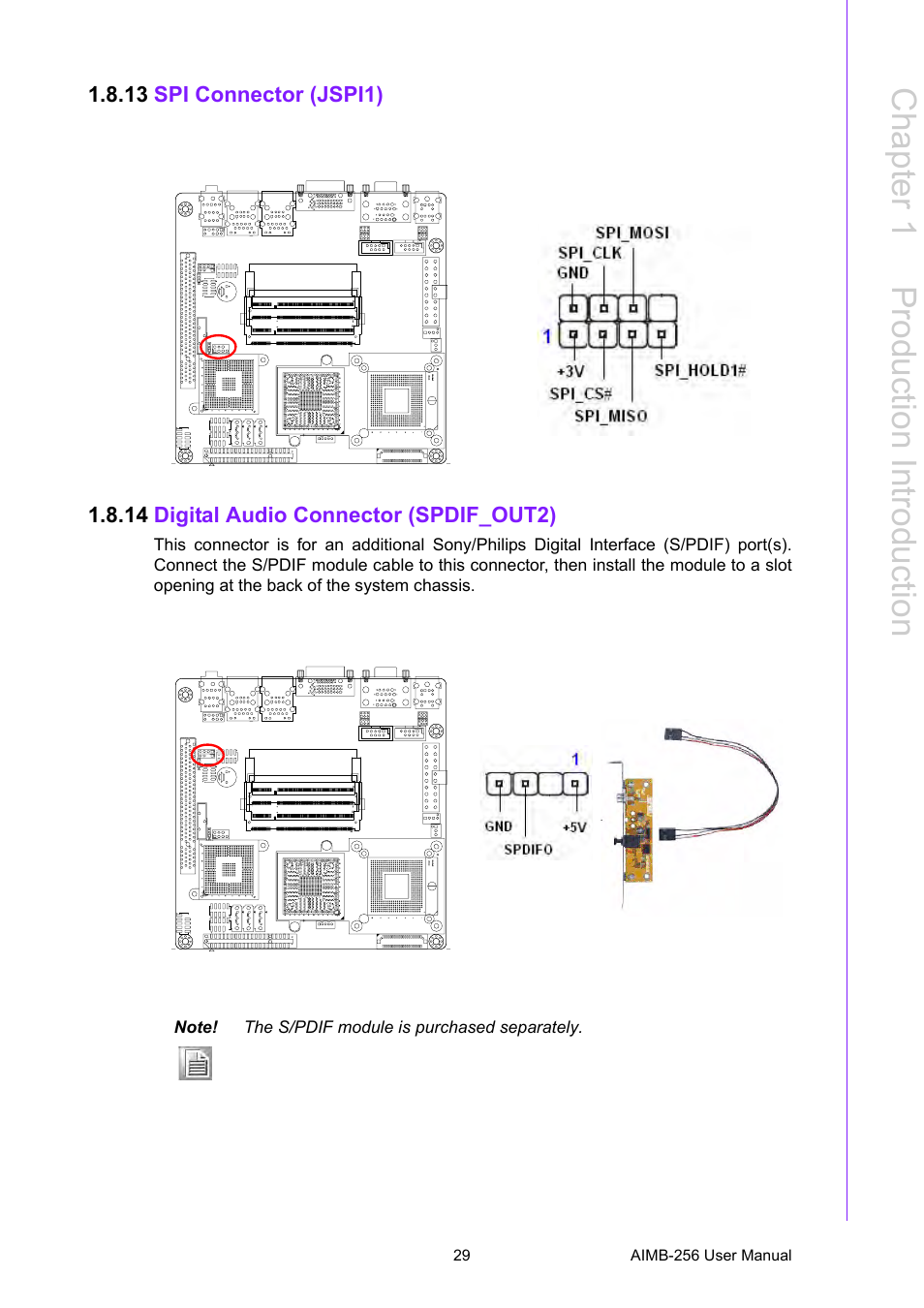 13 spi connector (jspi1), 14 digital audio connector (spdif_out2), Chapter 1 p roduction introduction | Advantech AIMB-256 User Manual | Page 35 / 86