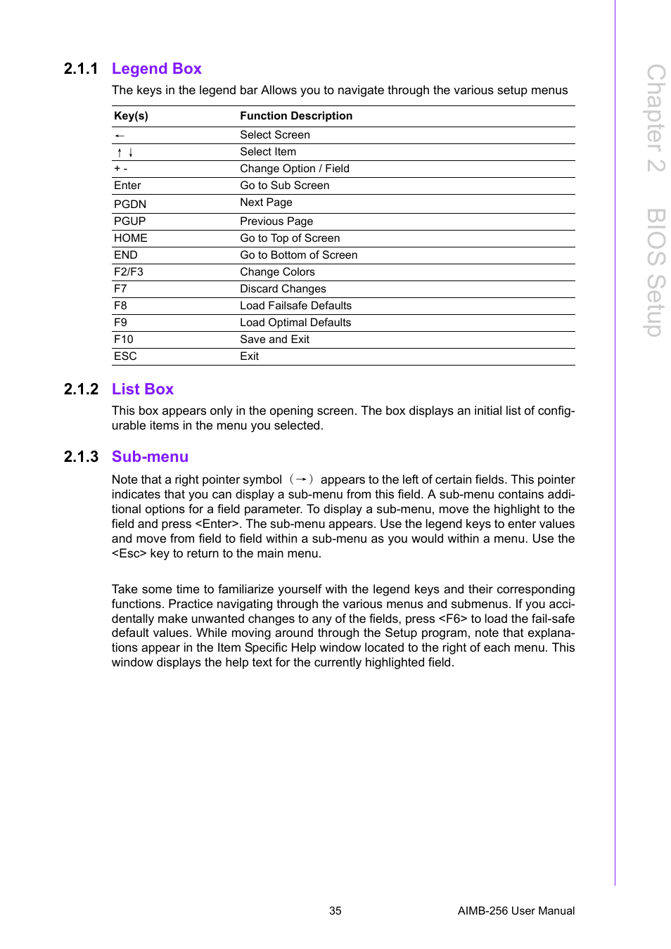 1 legend box, 2 list box, 3 sub-menu | Legend box, List box, Sub-menu, Chapter 2 b ios setup | Advantech AIMB-256 User Manual | Page 41 / 86
