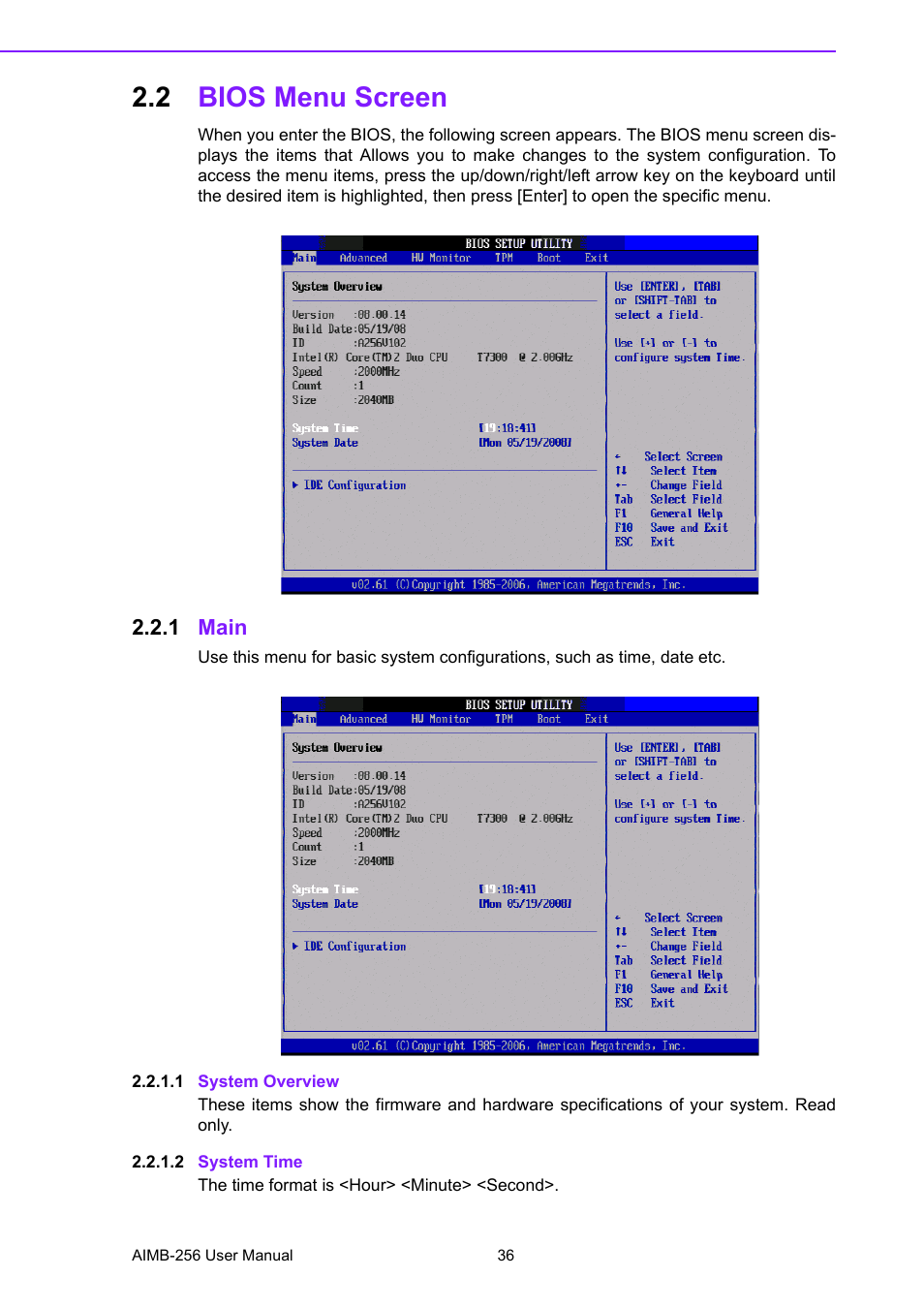 2 bios menu screen, 1 main, 1 system overview | 2 system time, Bios menu screen 2.2.1, Main | Advantech AIMB-256 User Manual | Page 42 / 86