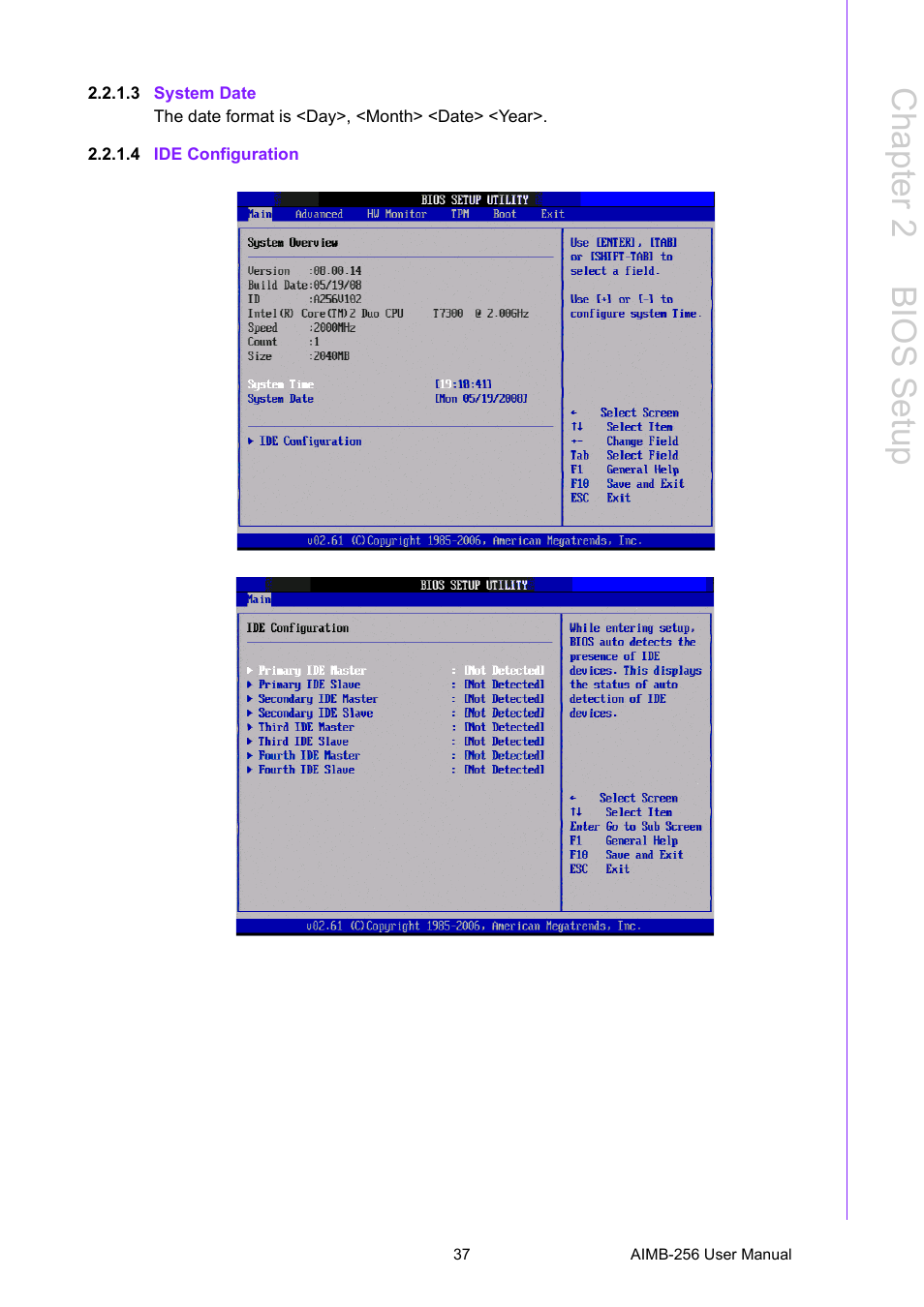 3 system date, 4 ide configuration, Chapter 2 b ios setup | Advantech AIMB-256 User Manual | Page 43 / 86
