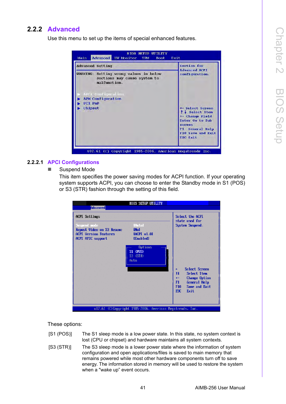 2 advanced, 1 apci configurations, Advanced | Chapter 2 b ios setup | Advantech AIMB-256 User Manual | Page 47 / 86