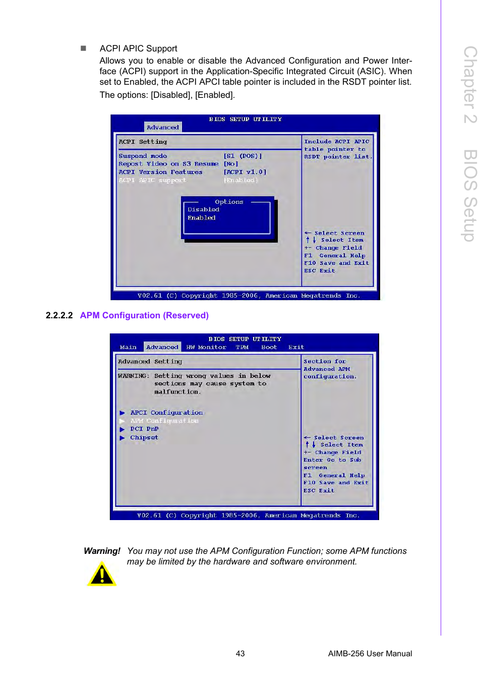 2 apm configuration (reserved), Chapter 2 b ios setup | Advantech AIMB-256 User Manual | Page 49 / 86