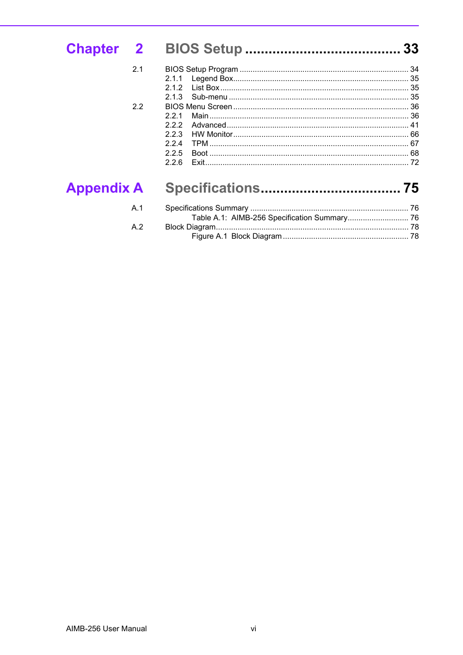 Chapter 2 bios setup, Appendix a specifications | Advantech AIMB-256 User Manual | Page 6 / 86