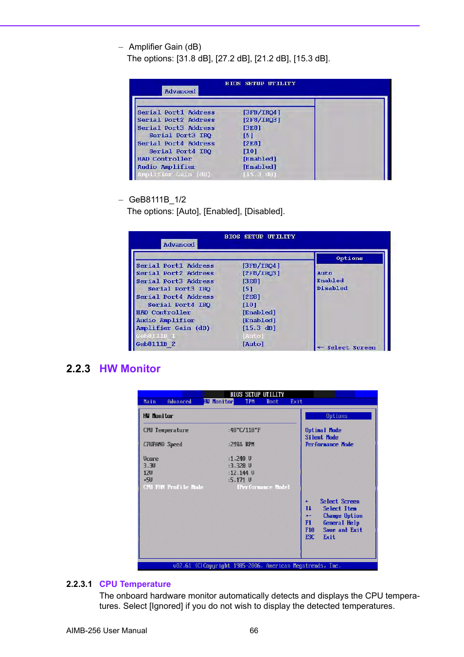 3 hw monitor, 1 cpu temperature, Hw monitor | Advantech AIMB-256 User Manual | Page 72 / 86