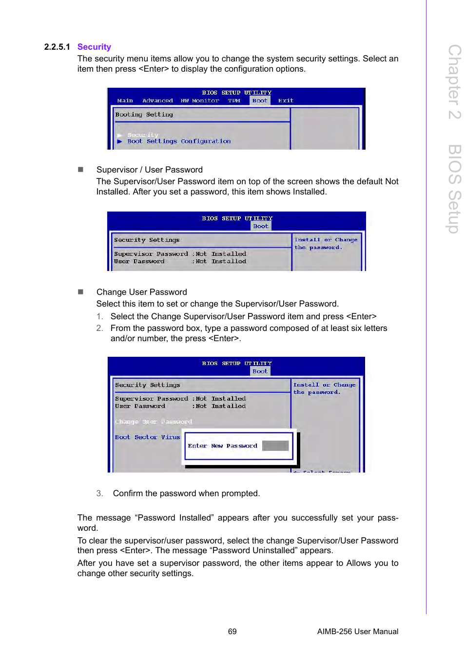1 security, Chapter 2 b ios setup | Advantech AIMB-256 User Manual | Page 75 / 86