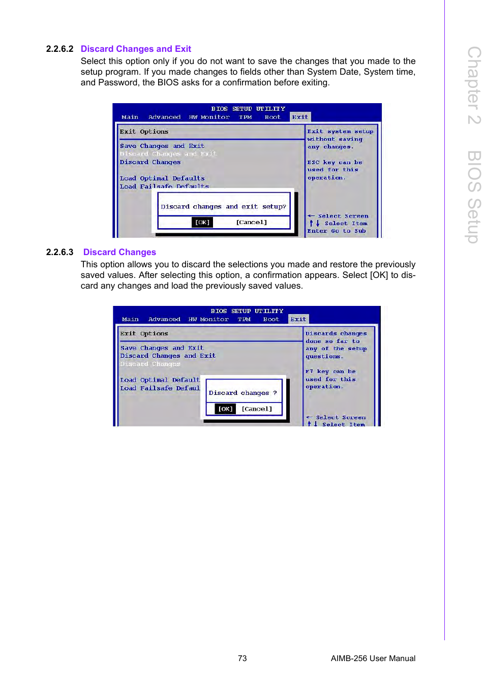 2 discard changes and exit, 3 discard changes, Chapter 2 b ios setup | Advantech AIMB-256 User Manual | Page 79 / 86