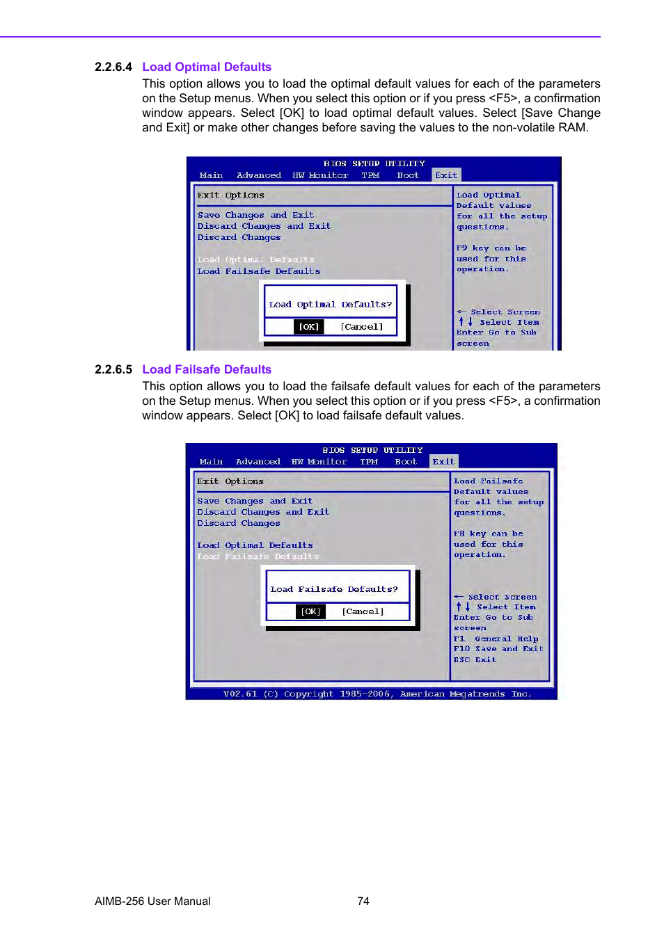 4 load optimal defaults, 5 load failsafe defaults | Advantech AIMB-256 User Manual | Page 80 / 86