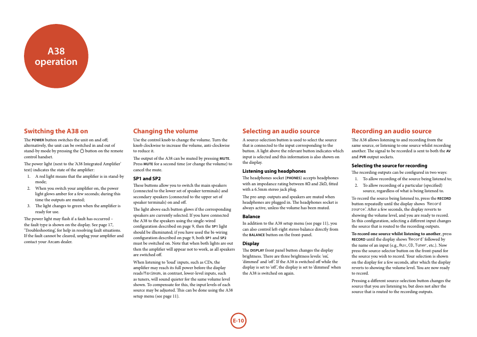 A38 operation, Switching the a38 on, Changing the volume | Selecting an audio source, Recording an audio source | Arcam P38 User Manual | Page 10 / 18