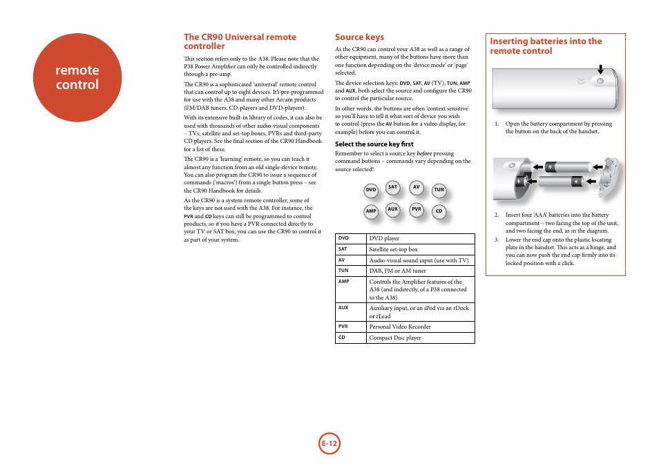 Remote control, Inserting batteries into the remote control, The cr90 universal remote controller | Source keys | Arcam P38 User Manual | Page 12 / 18