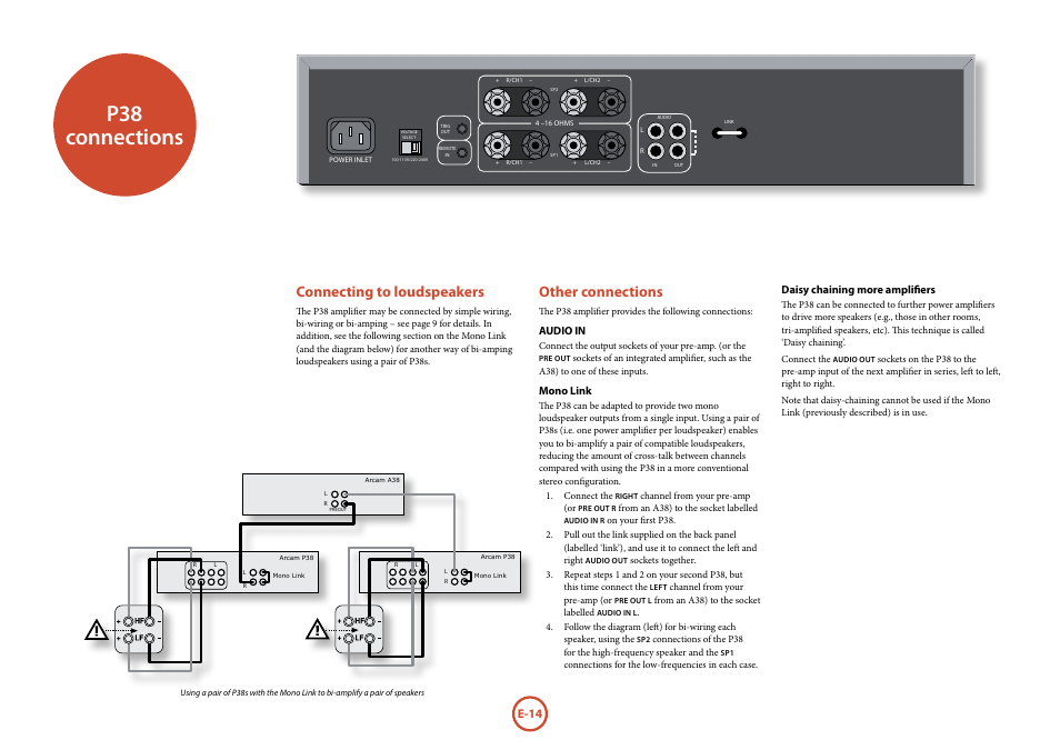 P38 connections, Connecting to loudspeakers, Other connections | Arcam P38 User Manual | Page 14 / 18