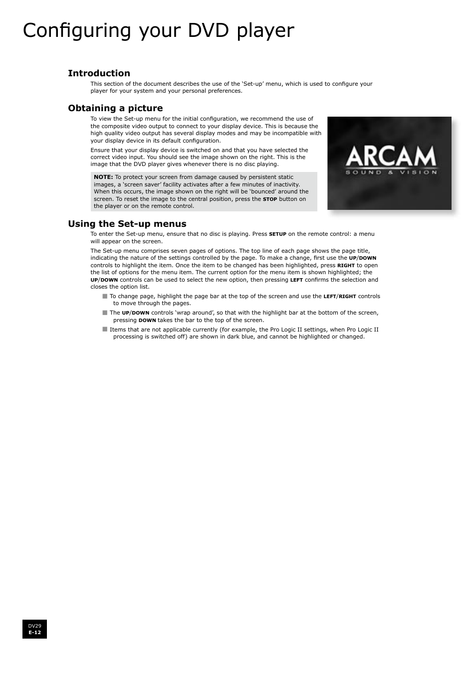 Confi guring your dvd player, Introduction, Obtaining a picture | Using the set-up menus | Arcam DV29 User Manual | Page 12 / 42