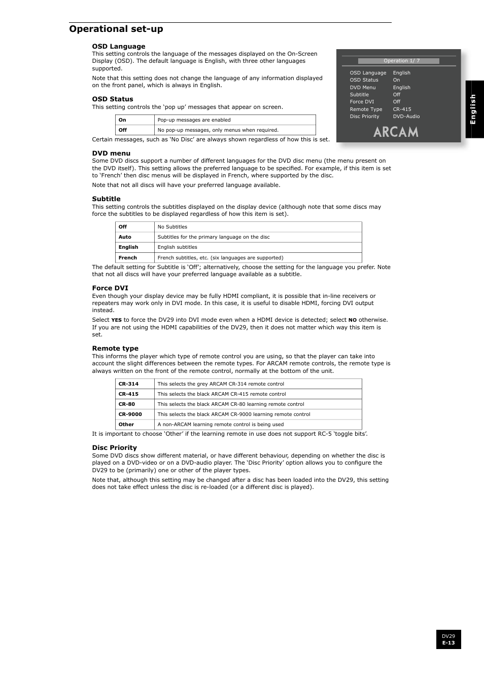 Operational set-up | Arcam DV29 User Manual | Page 13 / 42