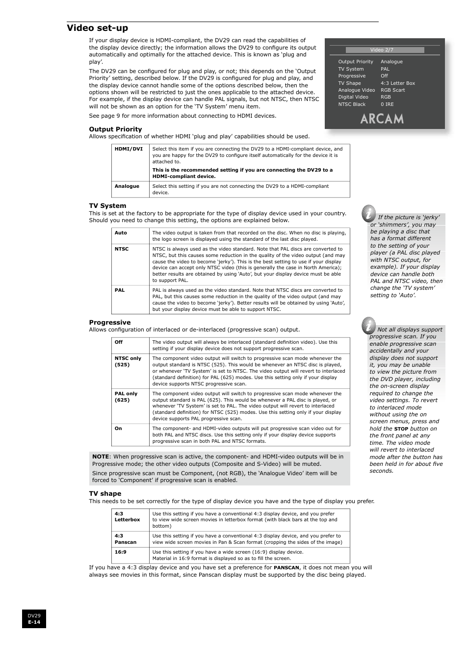 Video set-up | Arcam DV29 User Manual | Page 14 / 42