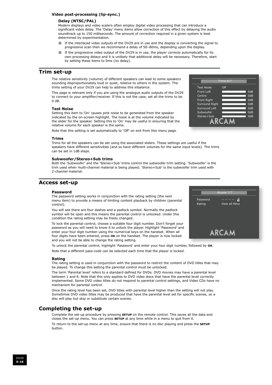 Trim set-up, Access set-up, Completing the set-up | Arcam DV29 User Manual | Page 18 / 42