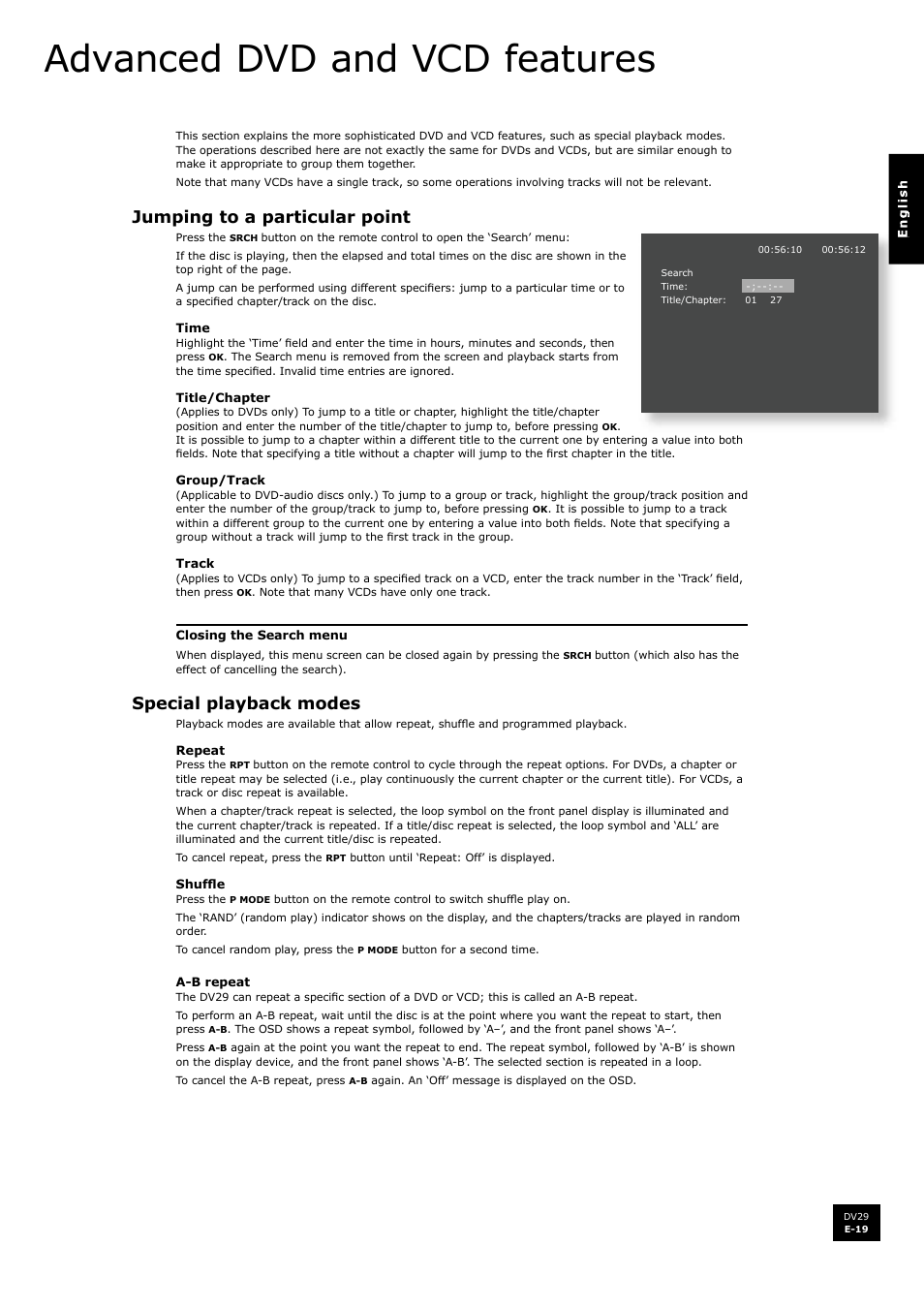 Advanced dvd and vcd features, Jumping to a particular point, Special playback modes | Arcam DV29 User Manual | Page 19 / 42