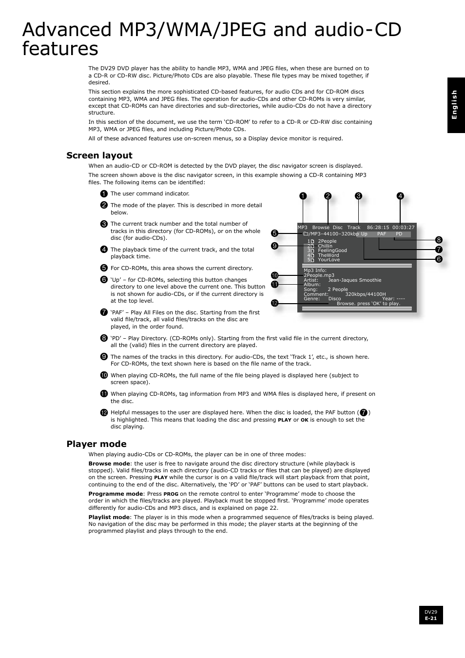 Advanced mp3/wma/jpeg and audio-cd features, Screen layout, Player mode | Arcam DV29 User Manual | Page 21 / 42