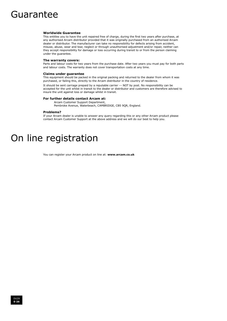 Guarantee, On line registration | Arcam DV29 User Manual | Page 26 / 42