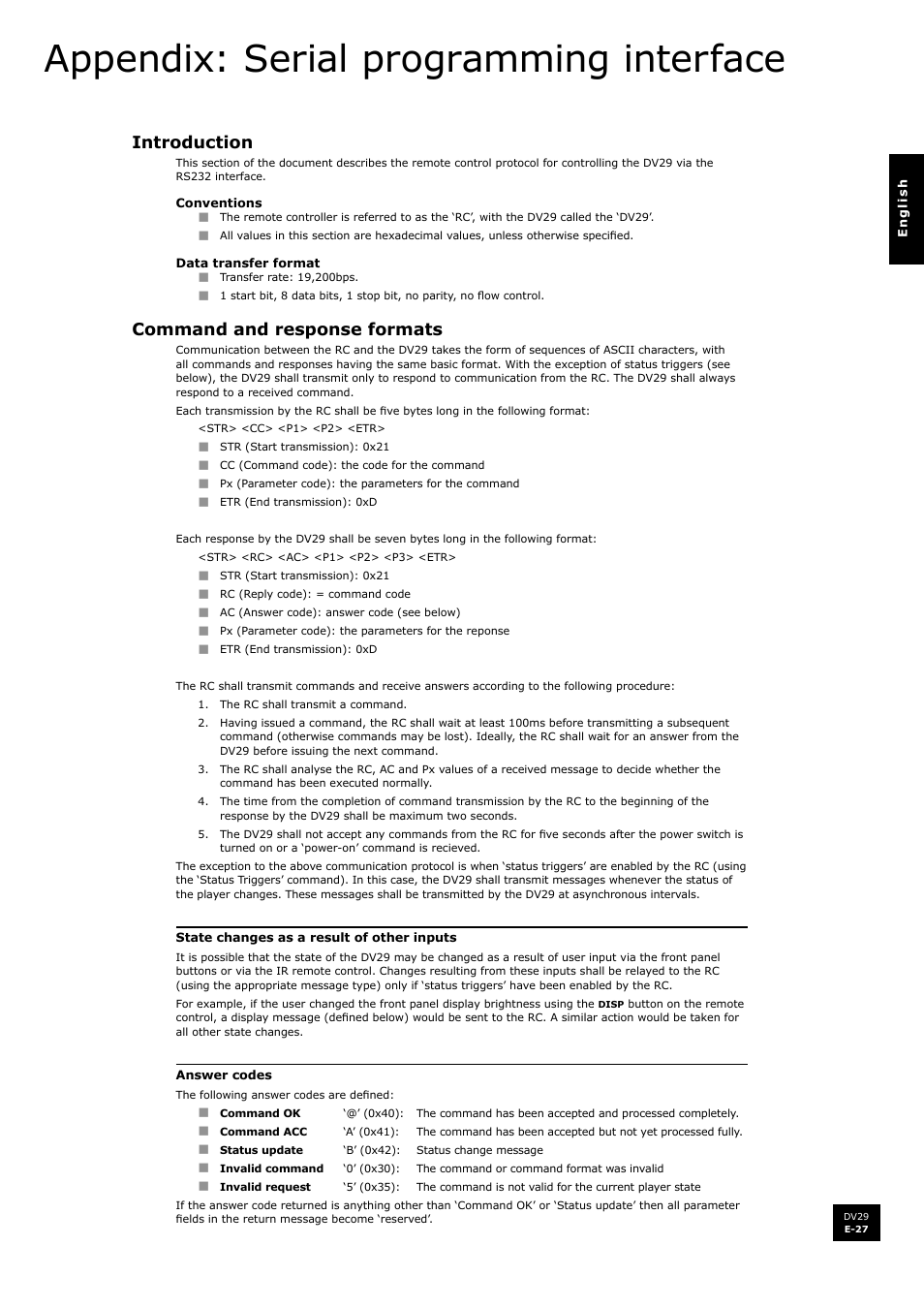 Appendix: serial programming interface, Introduction, Command and response formats | Arcam DV29 User Manual | Page 27 / 42