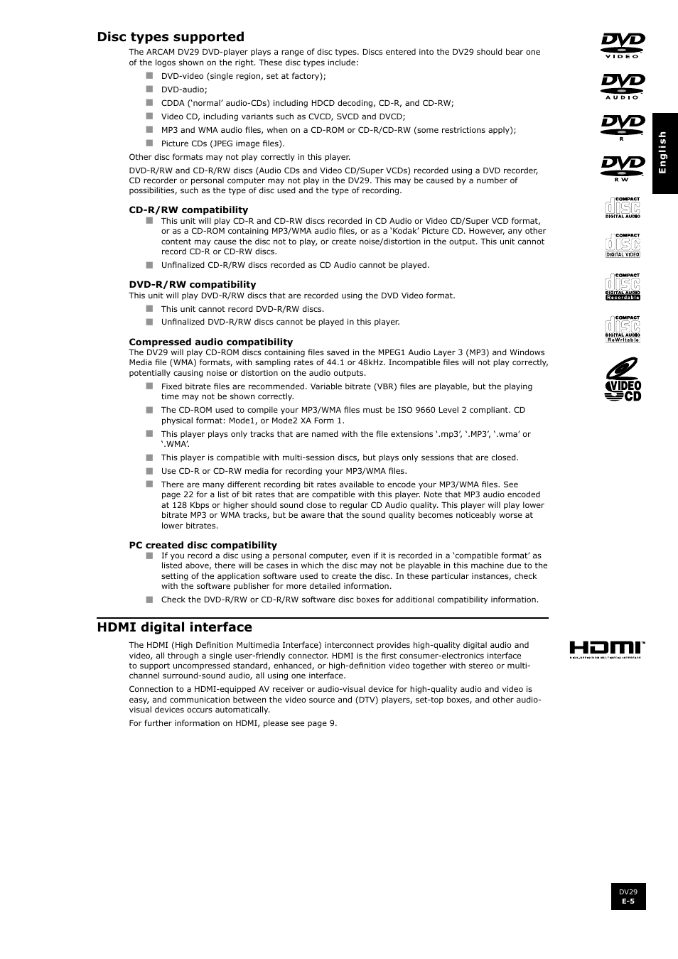Disc types supported, Hdmi digital interface | Arcam DV29 User Manual | Page 5 / 42
