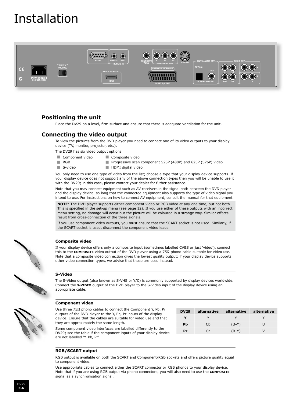 Installation, Positioning the unit, Connecting the video output | Arcam DV29 User Manual | Page 6 / 42